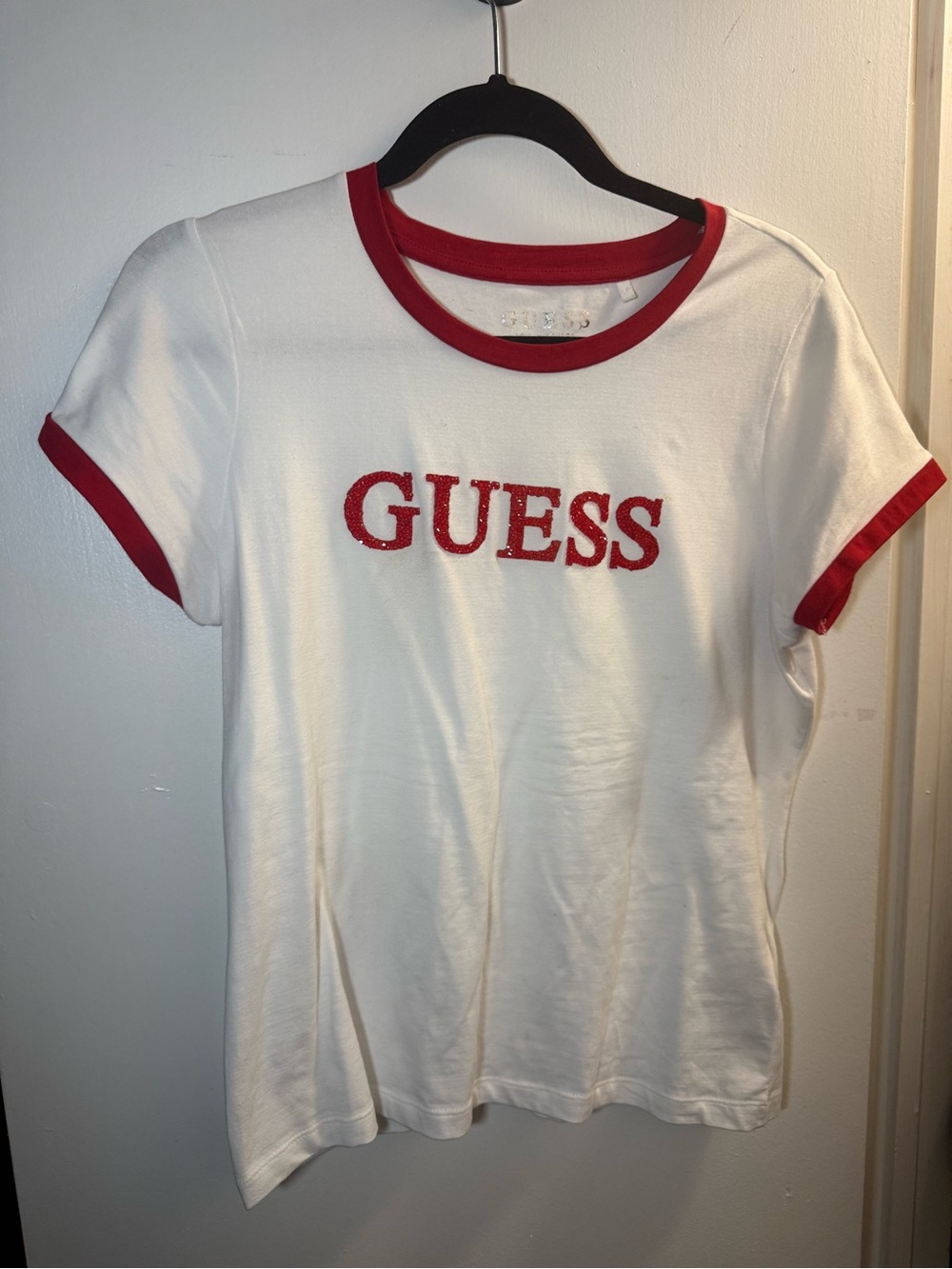 GUESS White Tee with Red Logo & Trim
